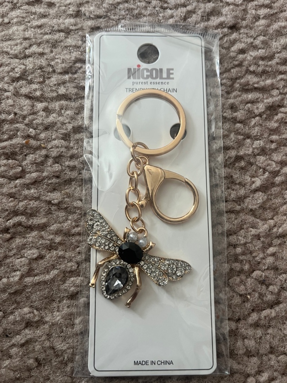 Nicole Gold Bee Keychain with Black and Clear Crystals